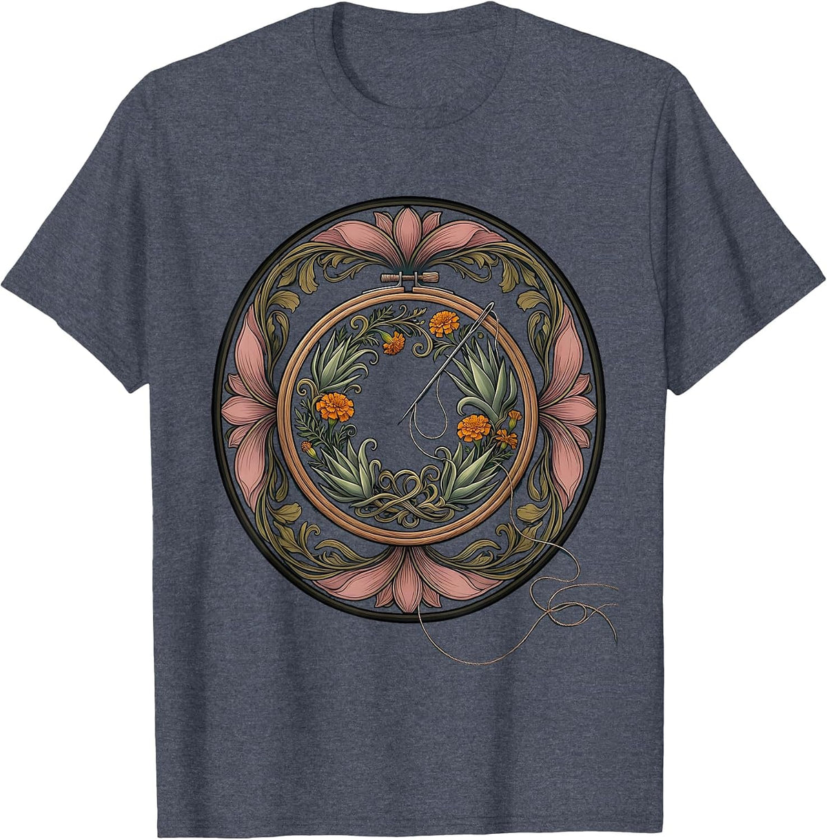 Mexican Embroidery Hoop and Needle Illustration T-Shirt - Heather Blue