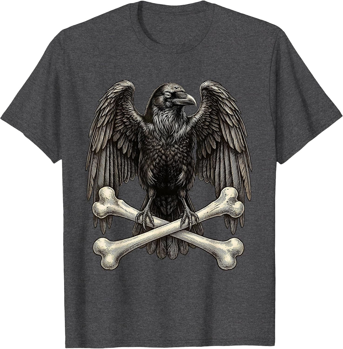 Three-Eyed Raven Crossbones Metal Art Design T-Shirt - Dark Heather Grey