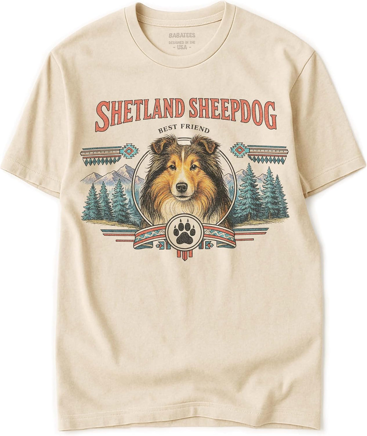 Dog Breed Tshirt for Men & Women - Wilderness Artwork - 100% Natural, Raw, Undyed, Heavyweight Cotton - Shetland Sheepdog