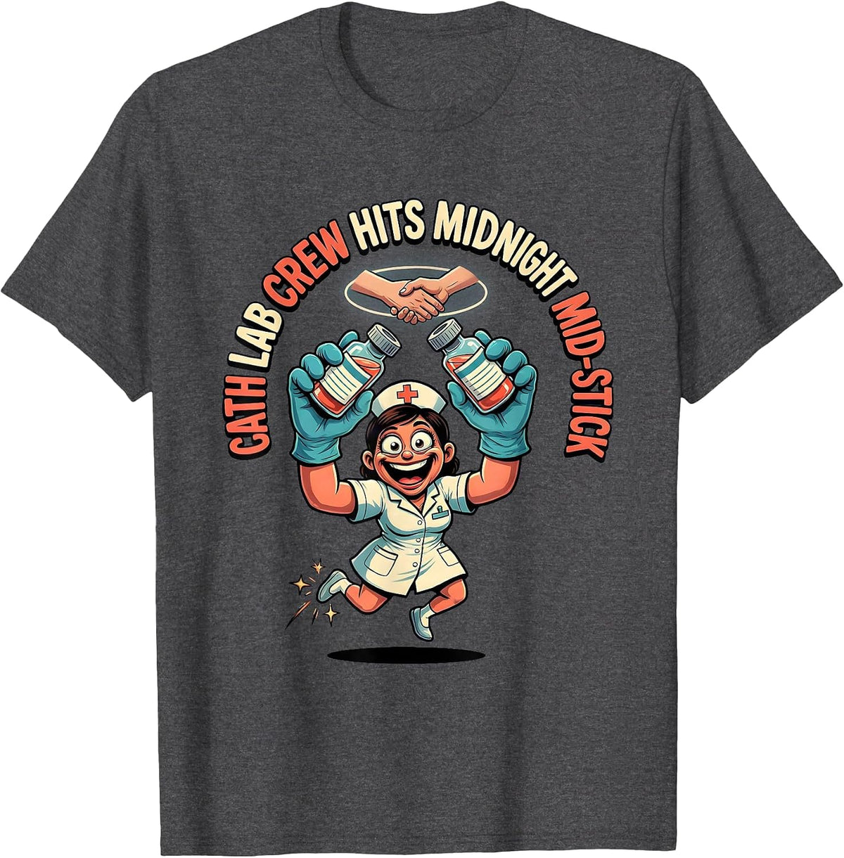 CATH LAB CREW HITS MIDNIGHT MID-STICK Funny Nurse New Year T-Shirt - Dark Heather Grey