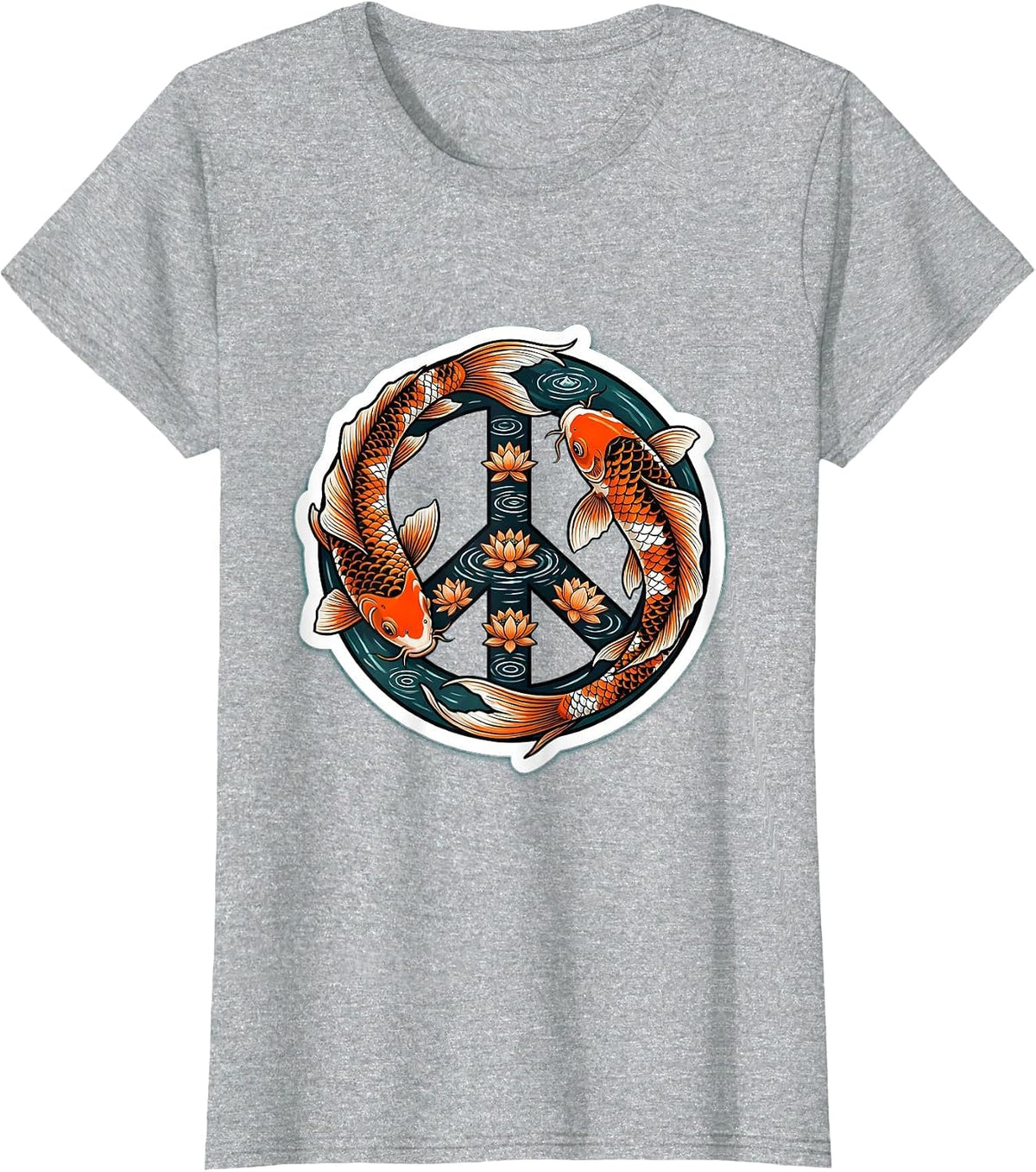 Koi Fish Peace Sign Zen Circle Illustration T-Shirt - Heather Grey