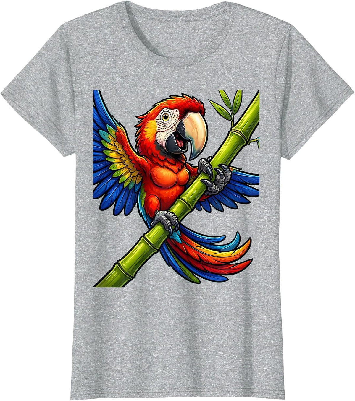 Hawaii Macaw Parrot on Bamboo Tropical Art T-Shirt - Heather Grey