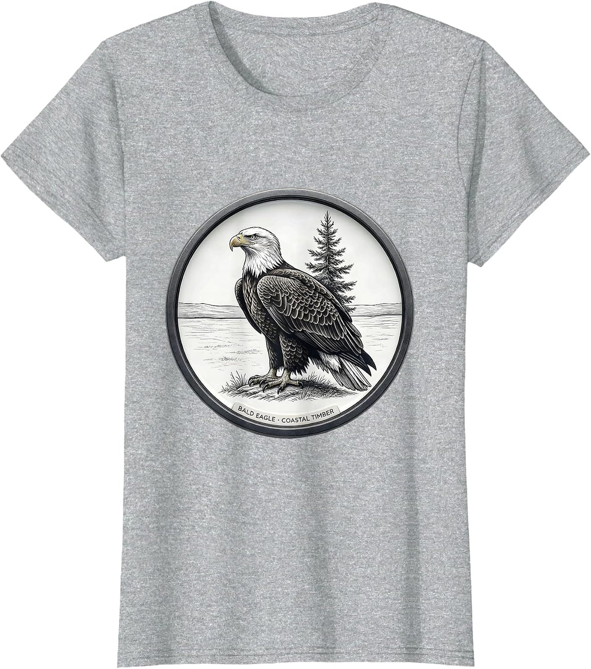 Women's Bald Eagle Coastal Timber Minimalist Wildlife Portrait Art T-Shirt - Heather Grey
