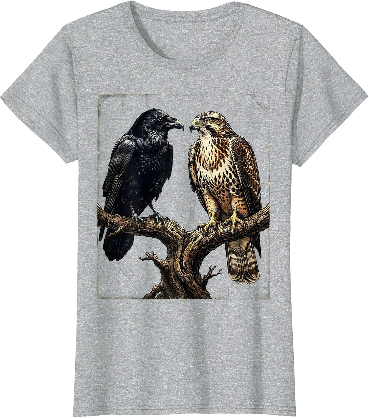Hawk and Crow Face-to-Face on Branch Art T-Shirt - Heather Grey