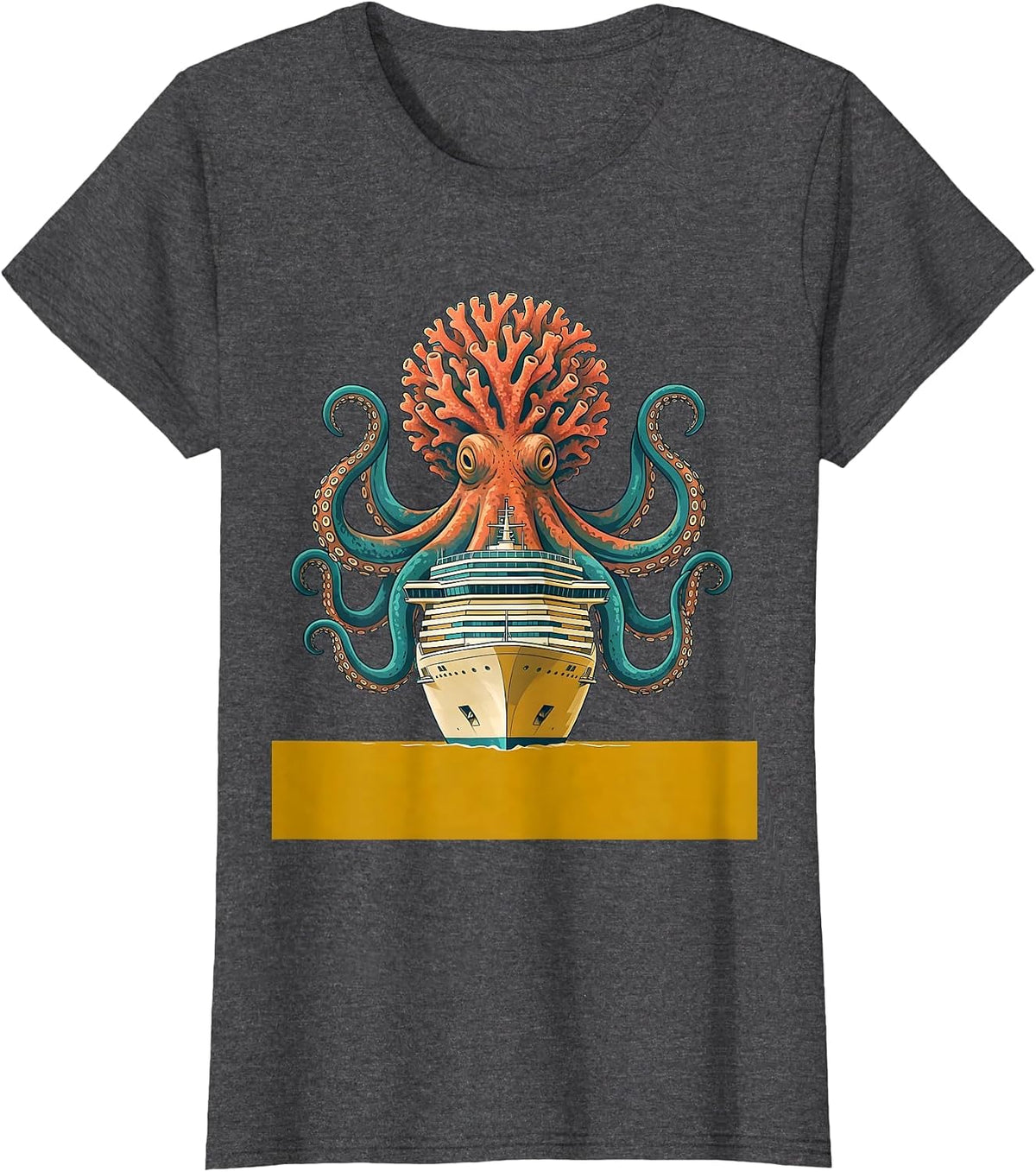 Women's Giant Octopus Attacking Cruise Ship Illustration T-Shirt - Dark Heather Grey