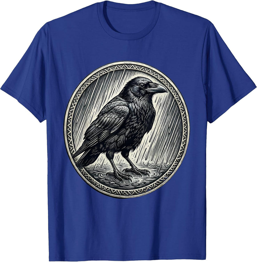 Crow in Heavy Rain Dark Moody Bird Illustration T-Shirt - Royal Blue