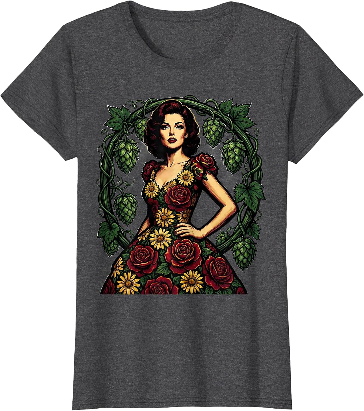 Women's Floral Hops Vine Beer Lover Illustration T-Shirt - Dark Heather Grey