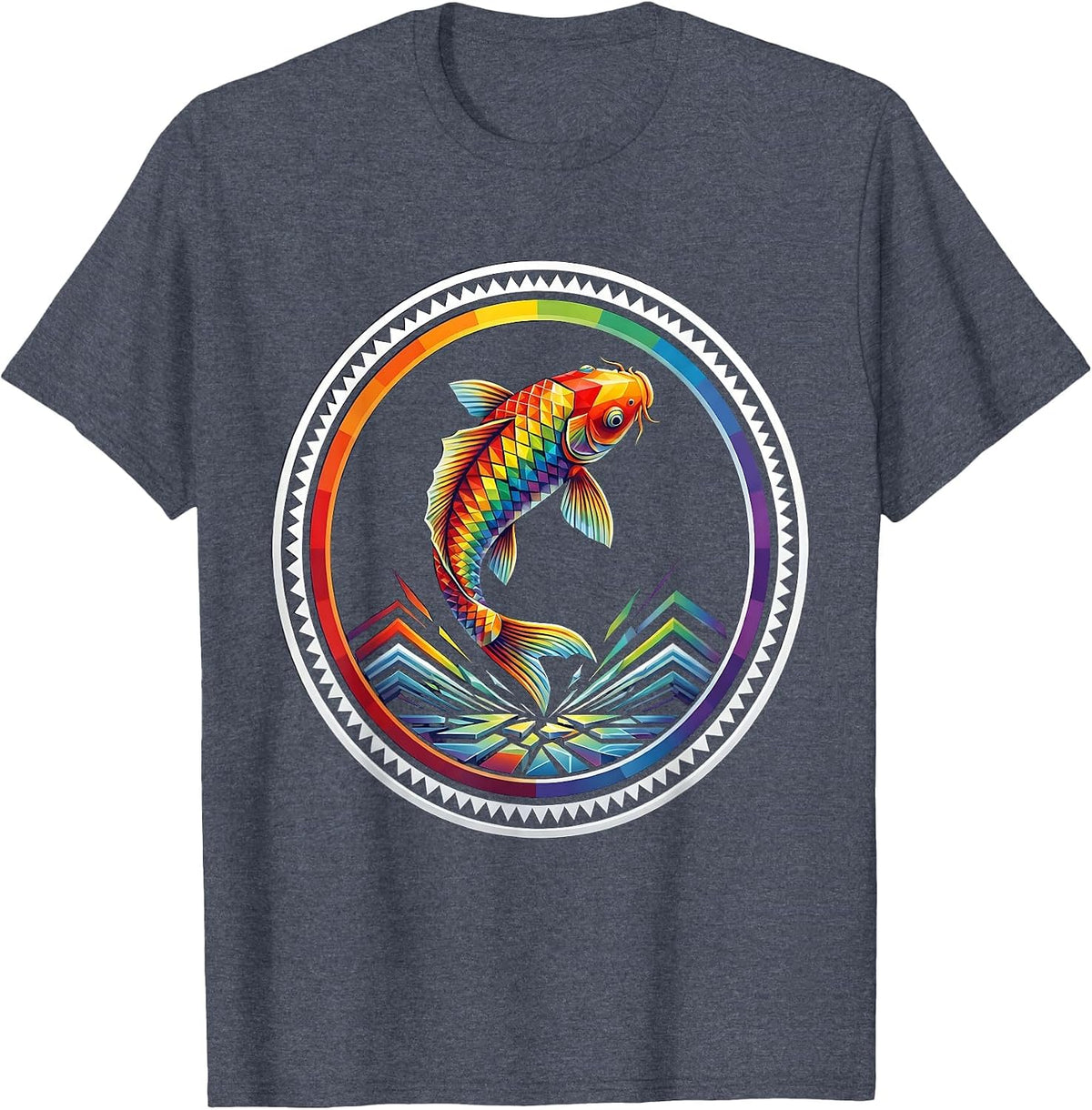 Rainbow Koi Fish Leaping From Water Illustration T-Shirt - Heather Blue