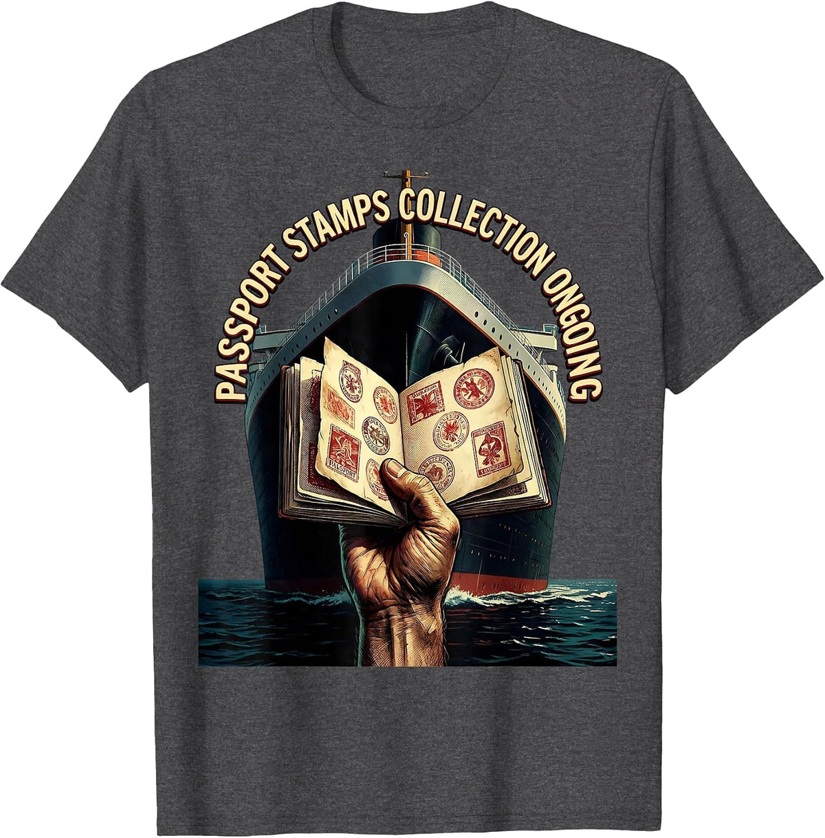 Passport Stamps Collection Ongoing Cruise Design T-Shirt - Dark Heather Grey