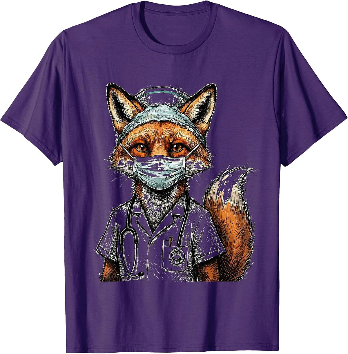 Nurse Fox Surgical Mask and Cap Illustration T-Shirt - Purple