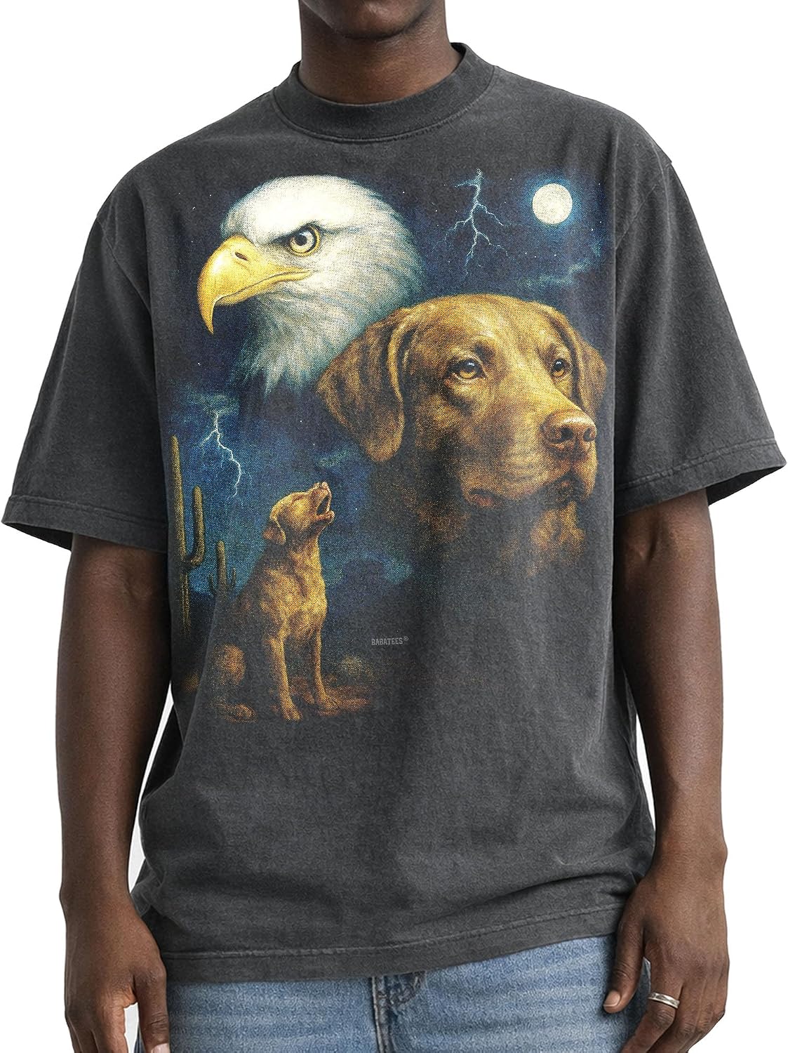Shaka Wear Dog & Bald Eagle Thunder Tshirt - Faded Max-Heavyweight 7.5oz Oversized & Boxy - Shesapeake Bay Retriever