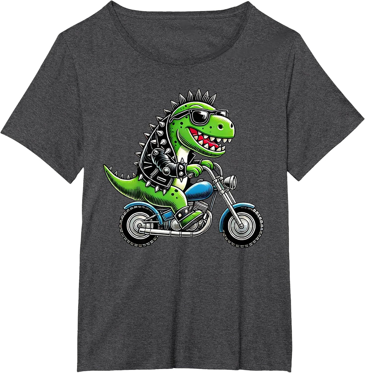 Cute Punk Biker Dinosaur, Funny Dino Riding Motorcycle, Bike T-Shirt - Dark Heather Grey