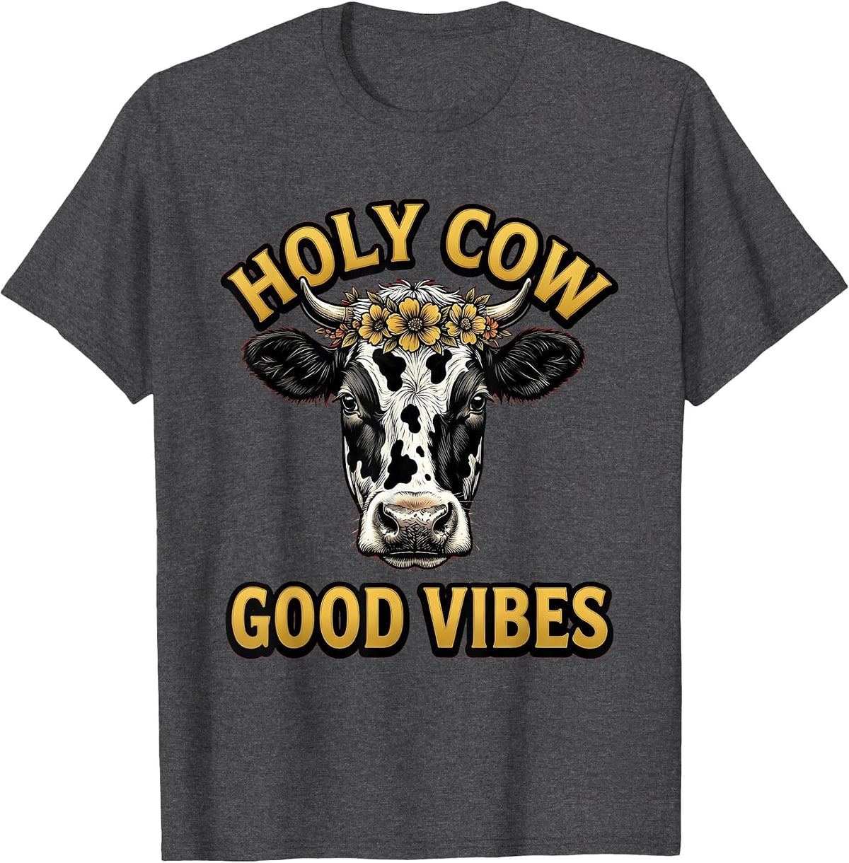 Men's Holy Cow Good Vibes Cow Print Design T-Shirt - Dark Heather Grey