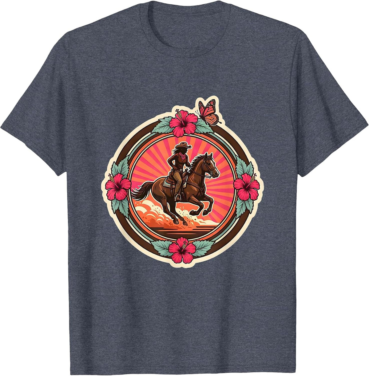Western Cowgirl Horseback Riding Dust Trail Design T-Shirt - Heather Blue