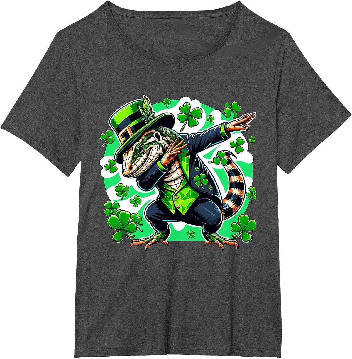 St Patricks Leprechaun Dabbing Argentine Tegu T-Shirt - Dark Heather Grey