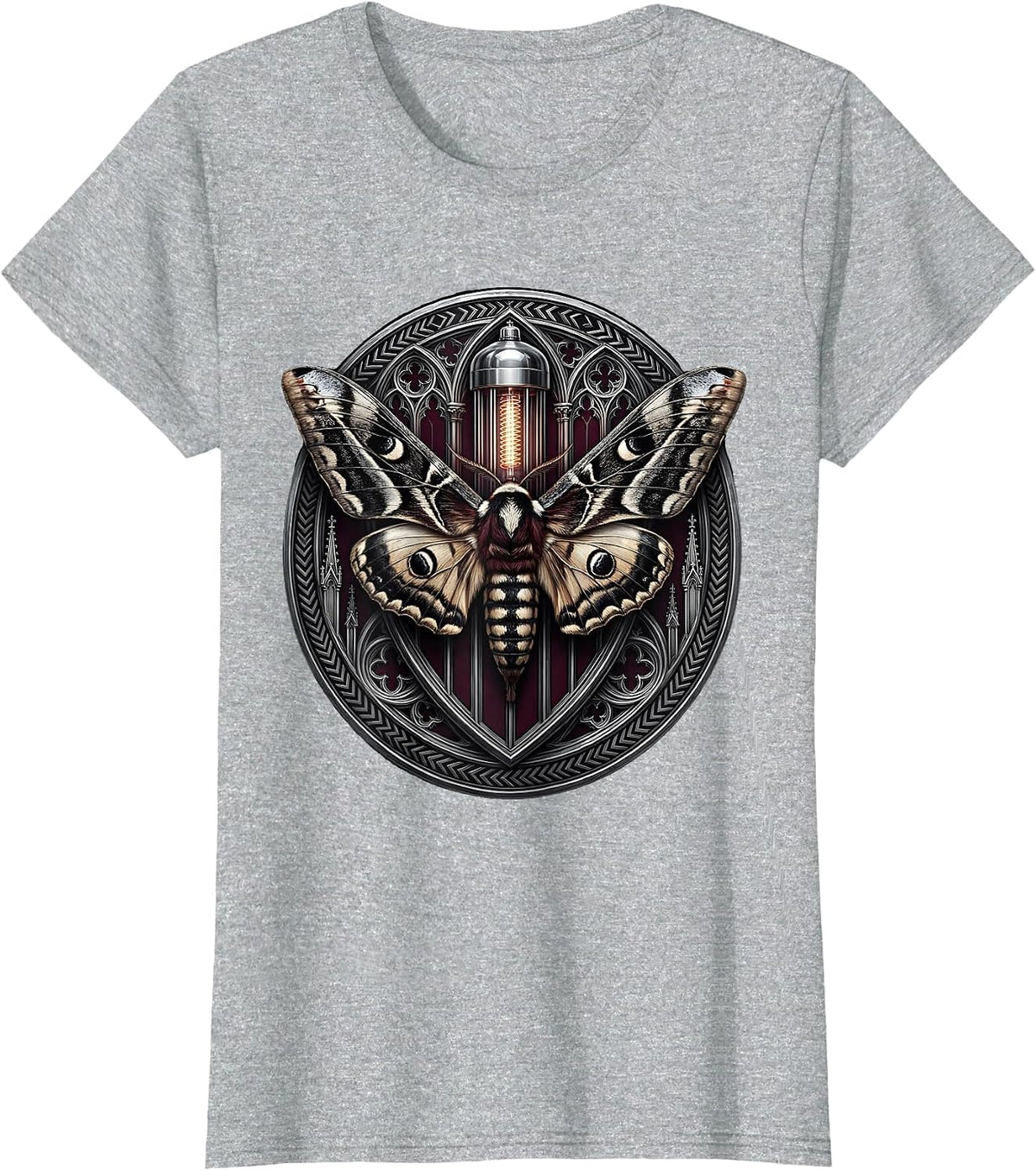 Moth and Glowing Vacuum Tube Vintage Rock Art T-Shirt - Heather Grey