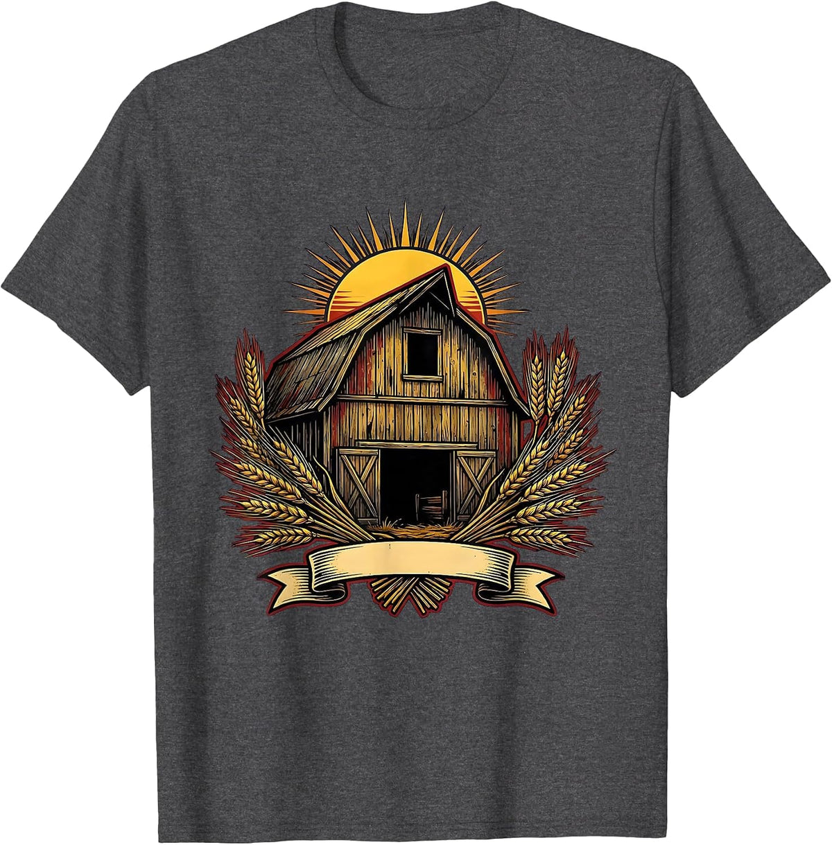 Men's Weathered Barn Golden Wheat Fields Country Design T-Shirt - Dark Heather Grey