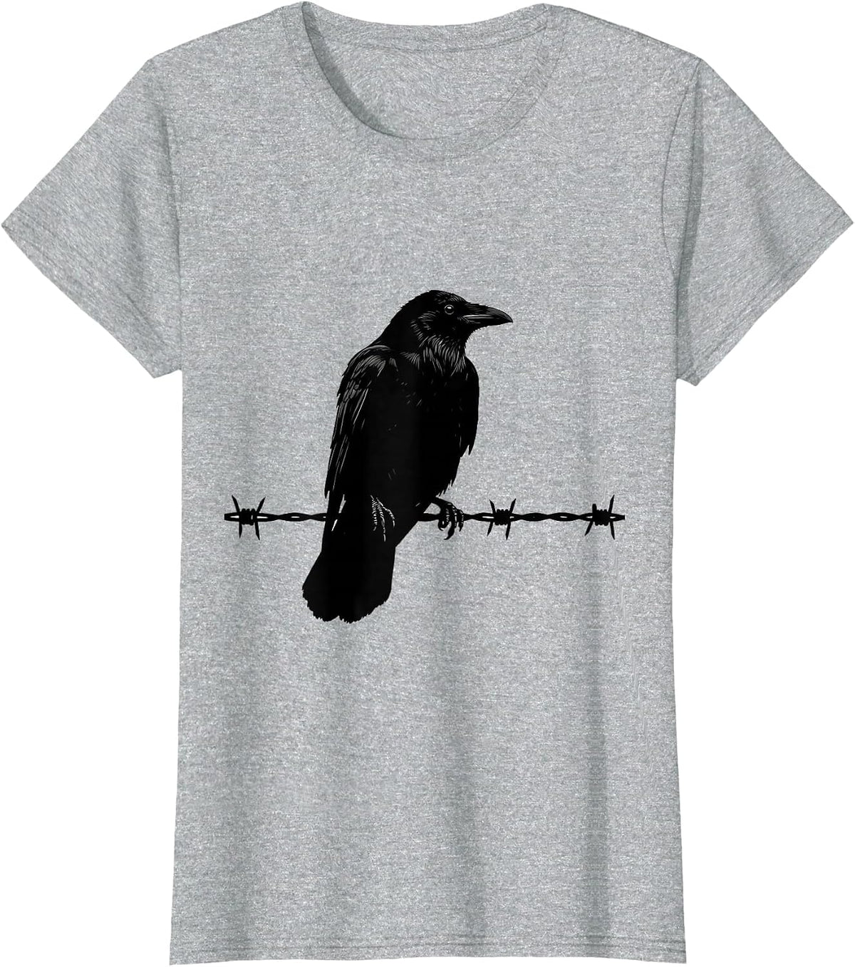 Crow Perched on Barbed Wire Fence Illustration T-Shirt - Heather Grey