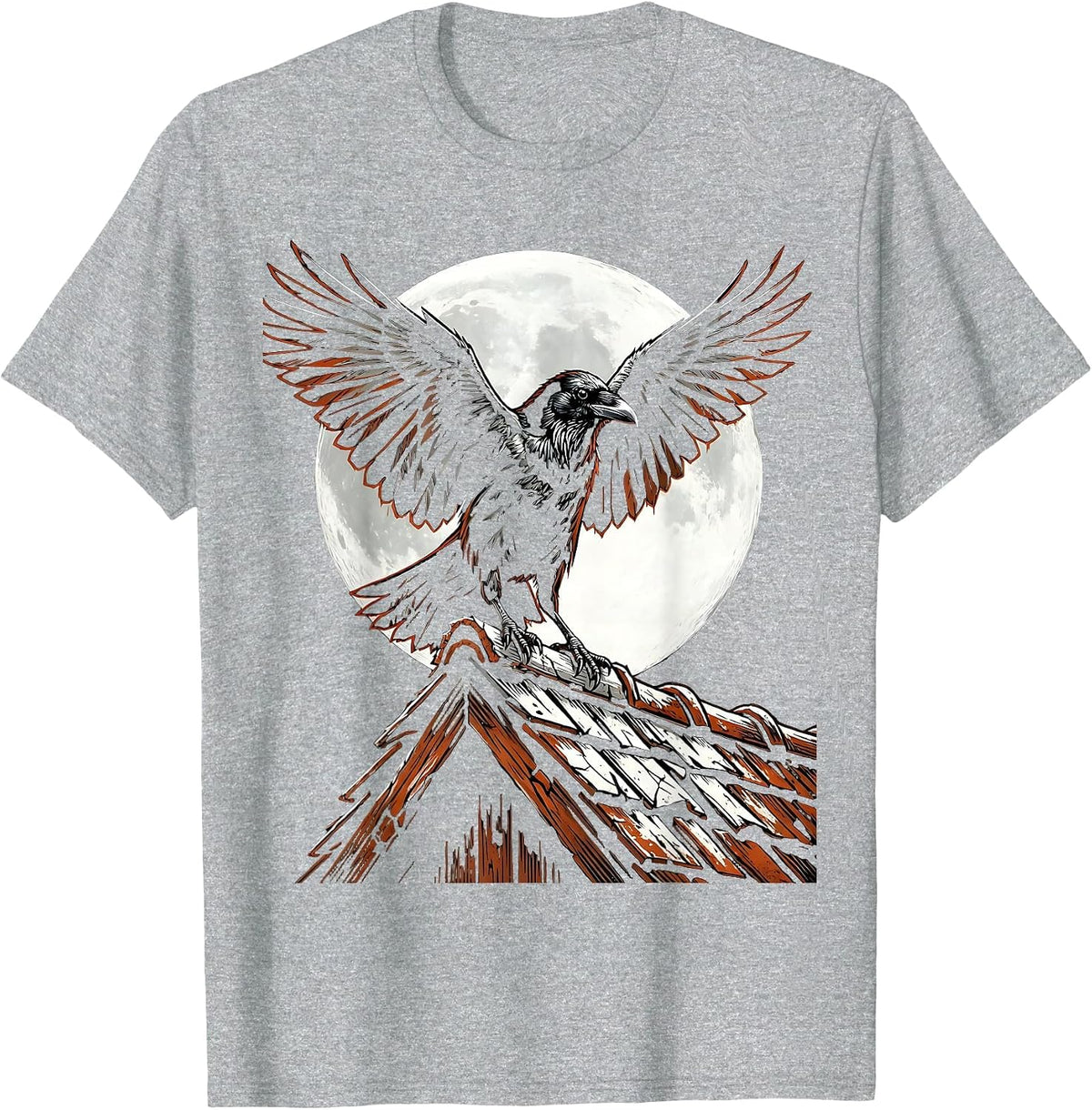 Men's Crow With Spread Wings Over Rooftop Graphic T-Shirt - Heather Grey