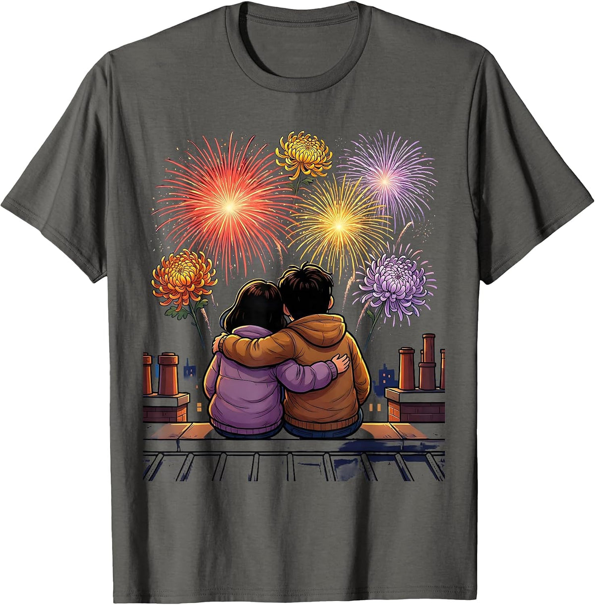 Rooftop Fireworks Couple Romantic Love Design T-Shirt - Asphalt Grey