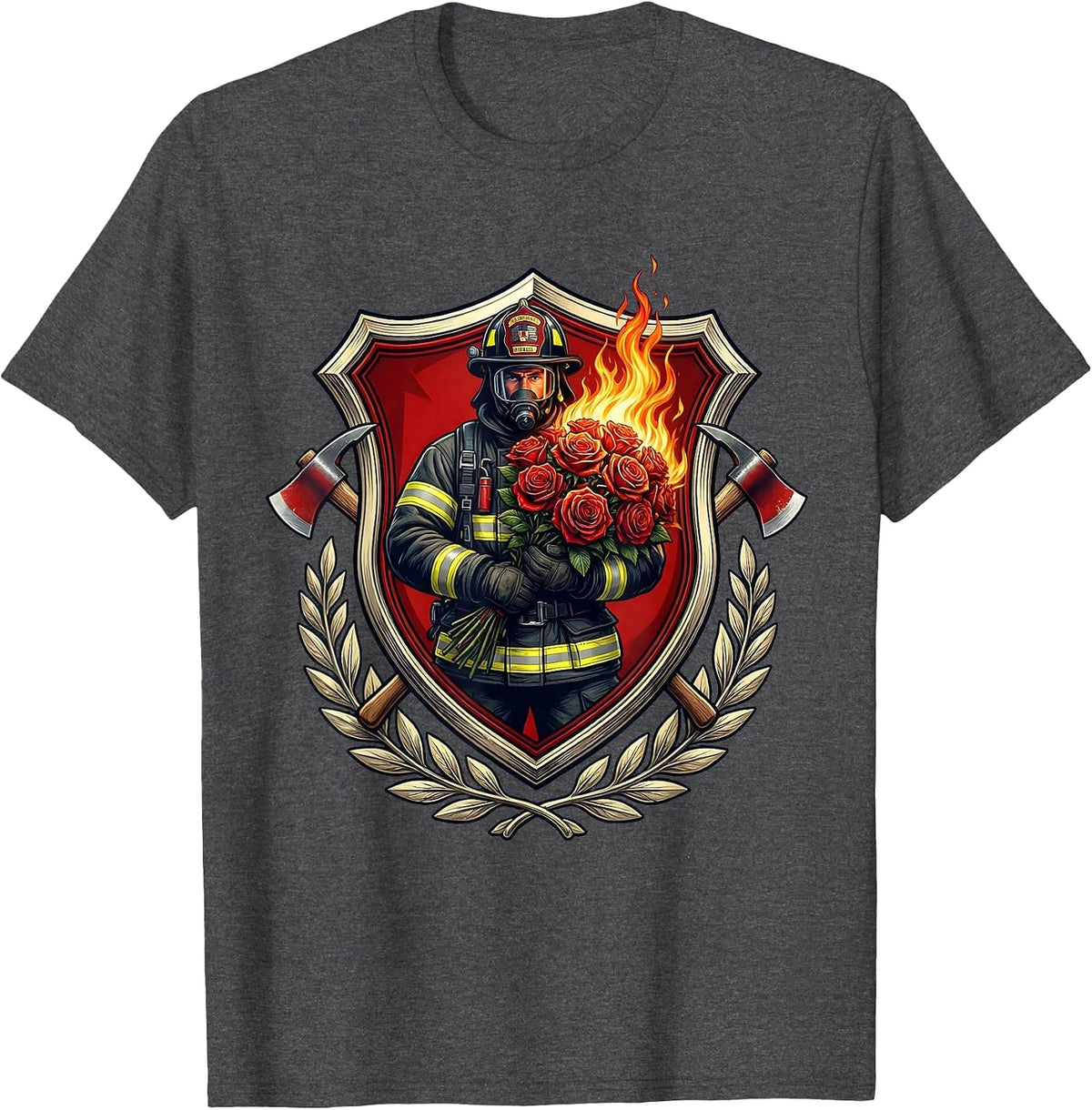 Fireman Flaming Roses Bouquet Graphic Design T-Shirt - Dark Heather Grey