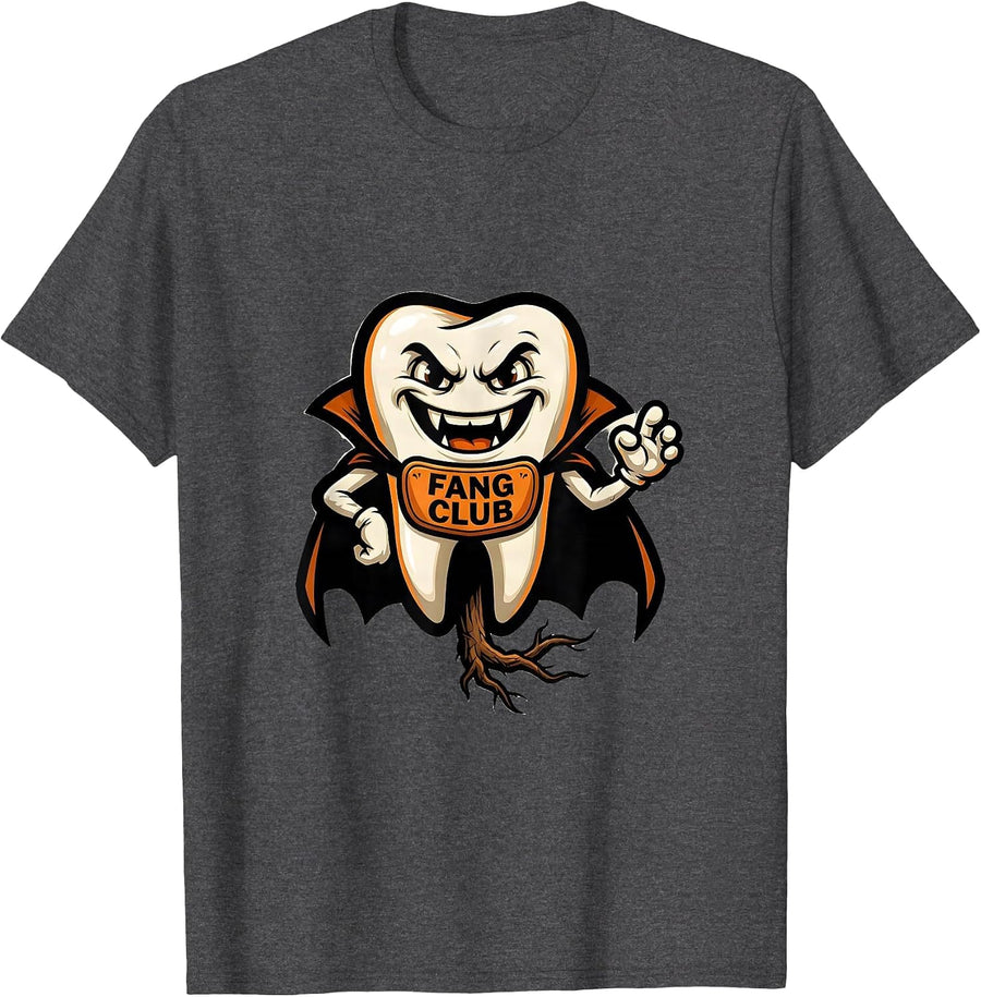 Men's Fang Club Funny Dental Mascot Dentist Dental Hygienist T-Shirt - Dark Heather Grey