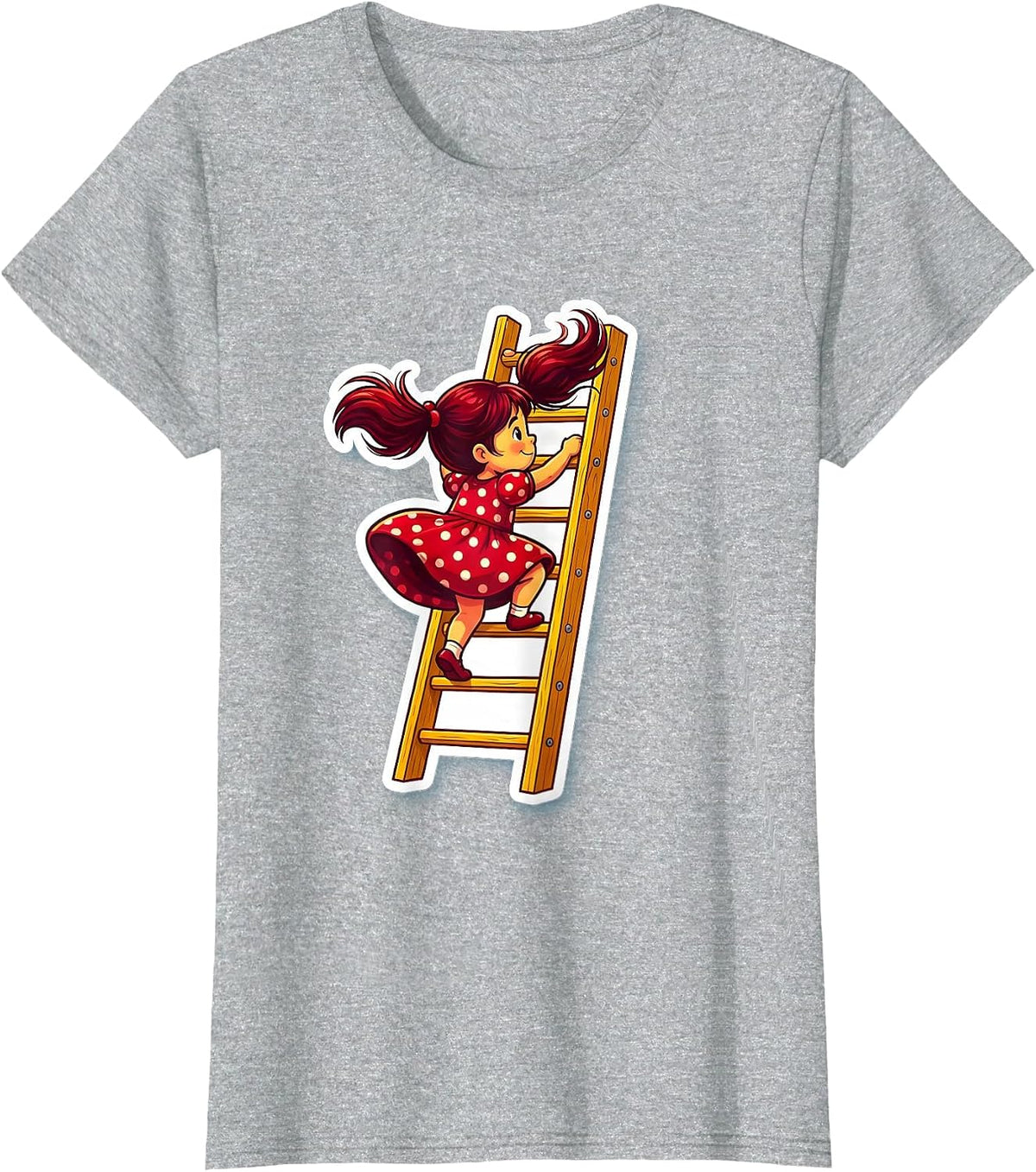 Polka Dot Dress Girl Climbing Tall Ladder T-Shirt - Heather Grey