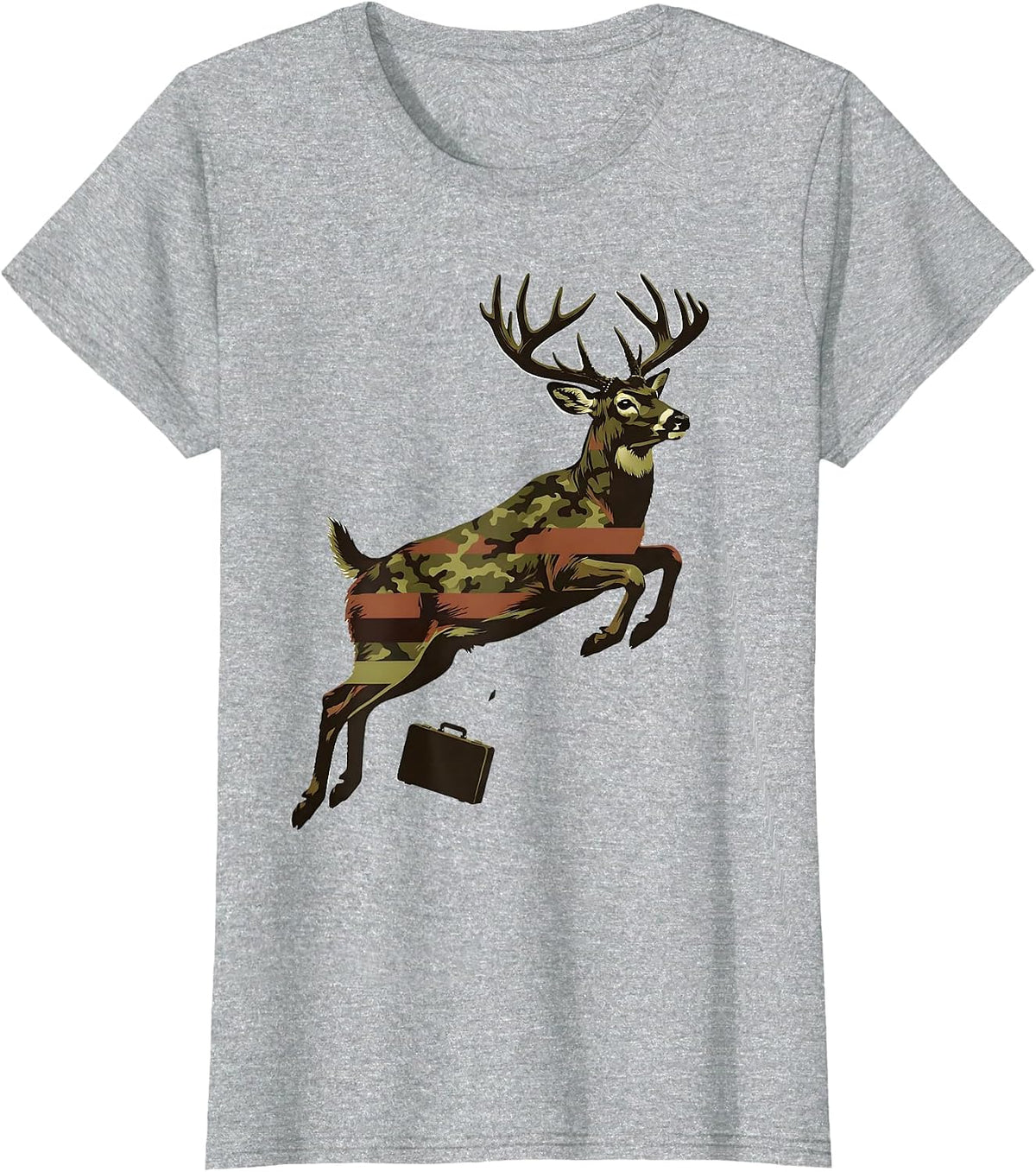 Leaping Whitetail Buck Camo Flag Hunting Dad Gift T-Shirt - Heather Grey