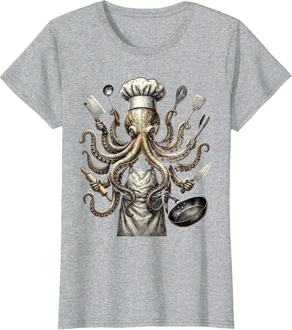 Women's Octopus Chef Holding Eight Kitchen Tools T-Shirt - Heather Grey