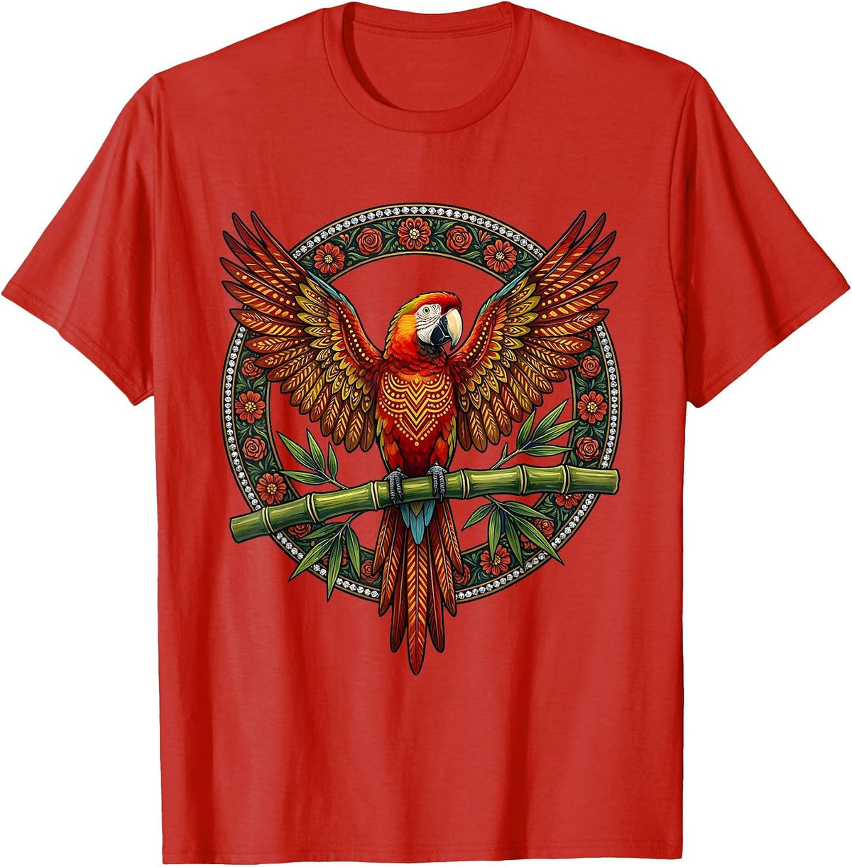 Men's Tropical Parrot on Bamboo Aloha Design T-Shirt - Red