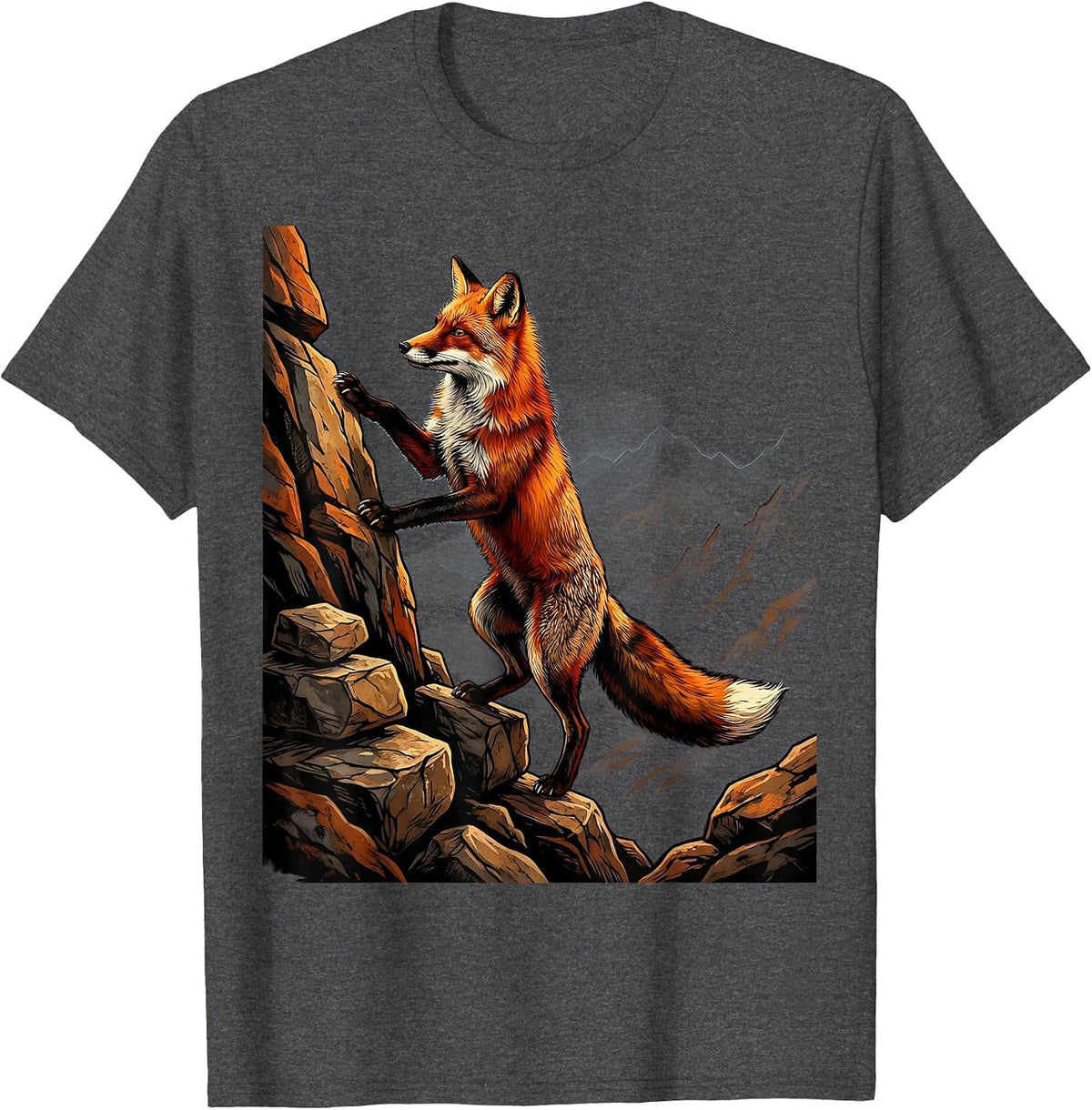 Fox Climbing Rocky Mountain Peak Illustration T-Shirt - Dark Heather Grey