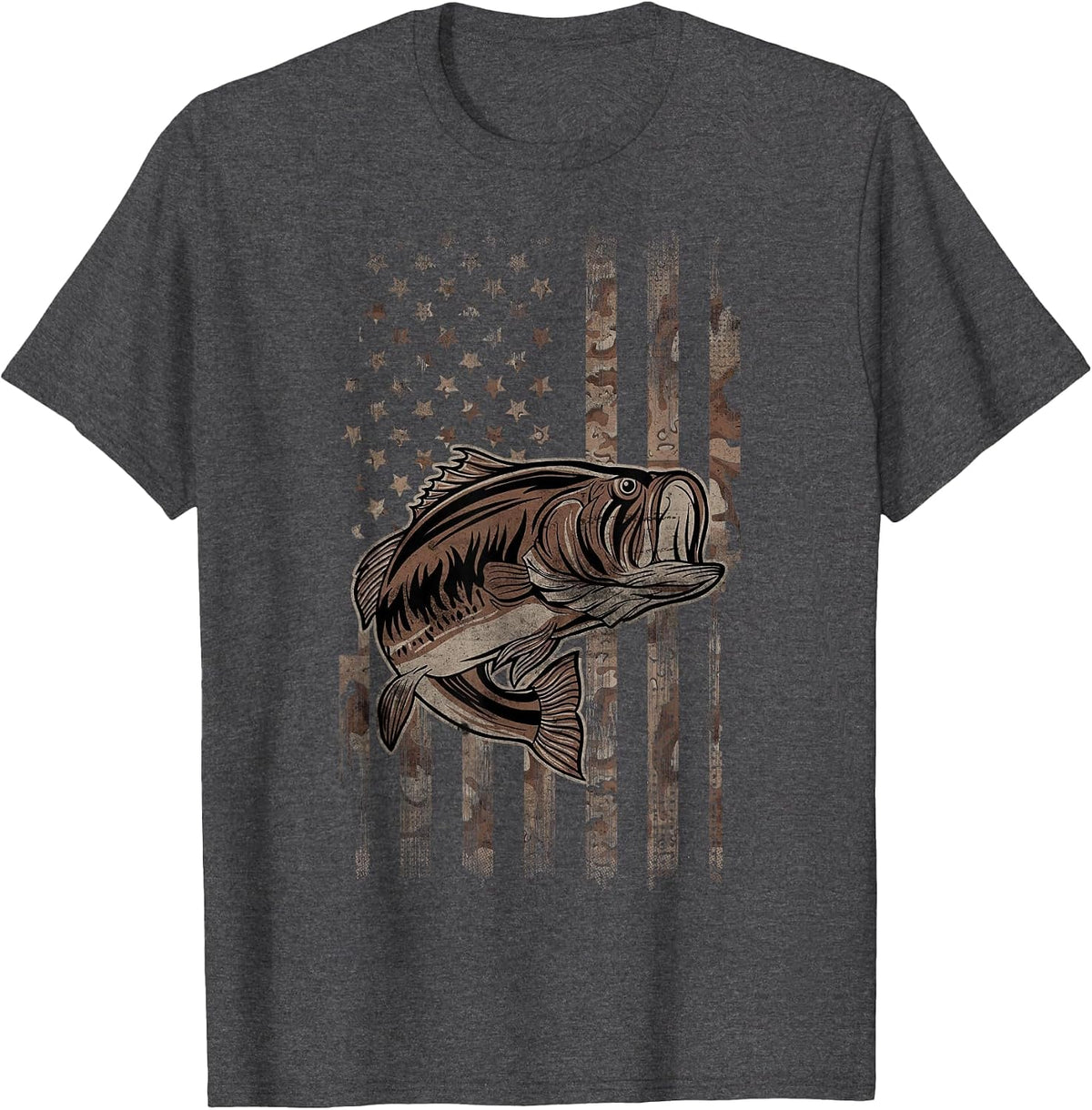 Camo American Flag Fishing - for Largemouth Bass Fisher T-Shirt - Dark Heather Grey