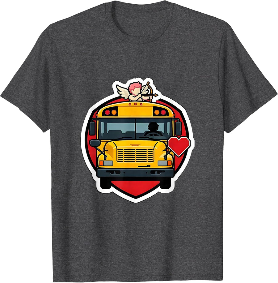 Men's Shield Badge Cupid School Bus Driver Valentine Role Humor T-Shirt - Dark Heather Grey