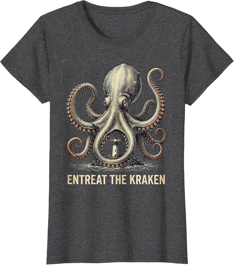 Women's Entreat The Kraken Vintage Kraken Octopus Ocean Lover T-Shirt - Dark Heather Grey