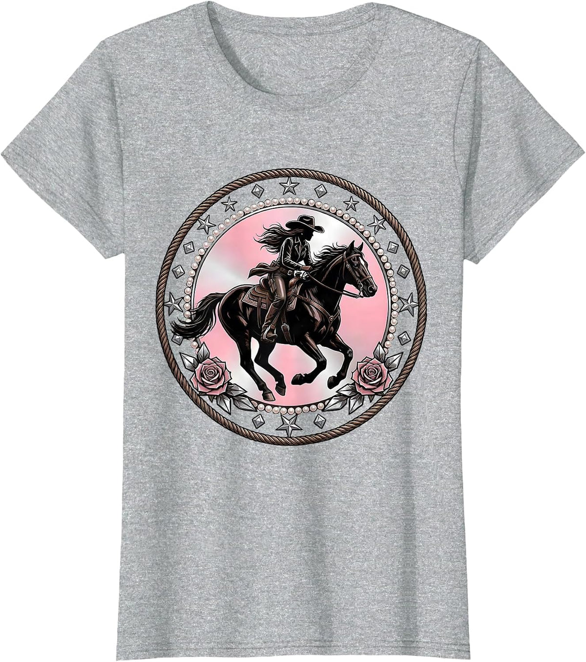 Women's Cowgirl Riding Horse Sunset Silhouette T-Shirt - Heather Grey
