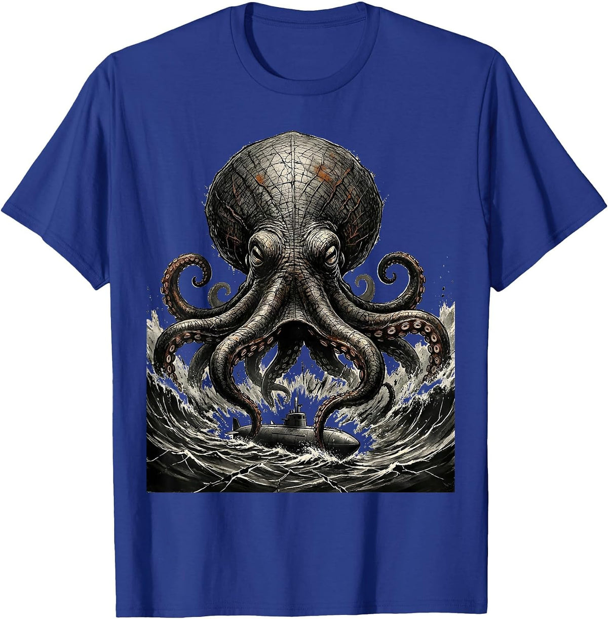 Men's Kraken Erupting Distressed Sea Monster Octopus Lover T-Shirt - Royal Blue