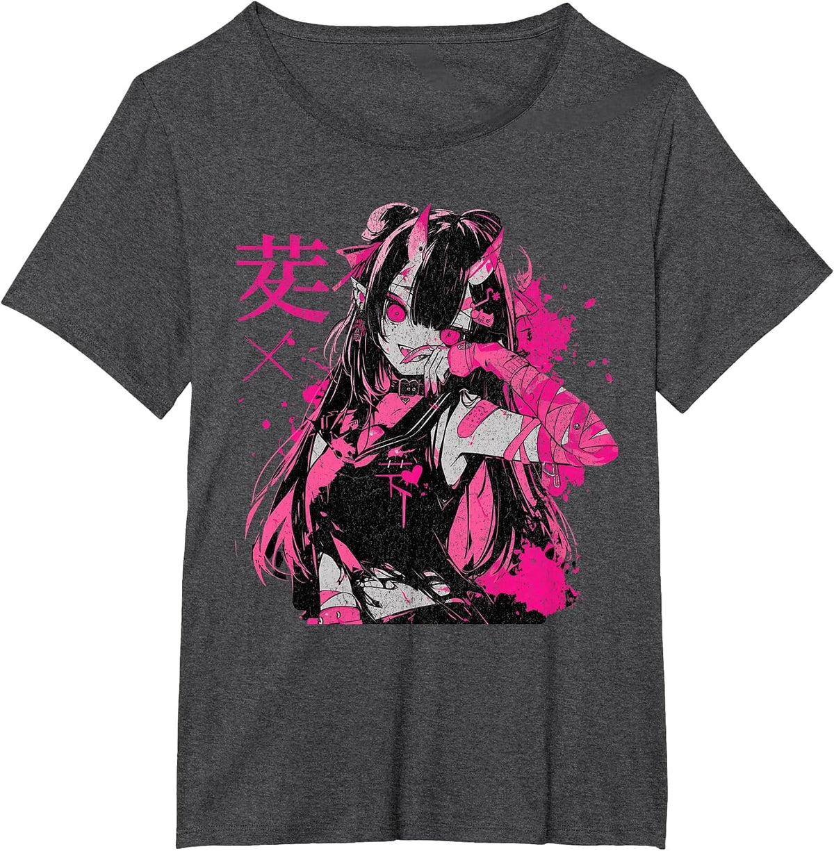 Goth Grunge Demon Anime Girl Waifu Horror Alt Aesthetic T-Shirt - Dark Heather Grey