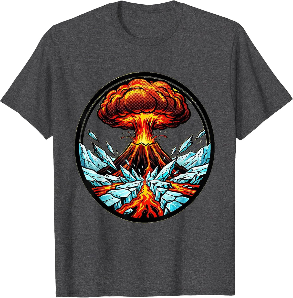 Volcano Erupting Through Cracked Glacier Graphic T-Shirt - Dark Heather Grey