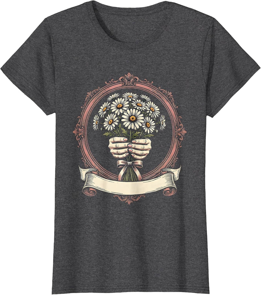 Women's Gigi Daisy Bouquet Painted Nails Floral Art T-Shirt - Dark Heather Grey