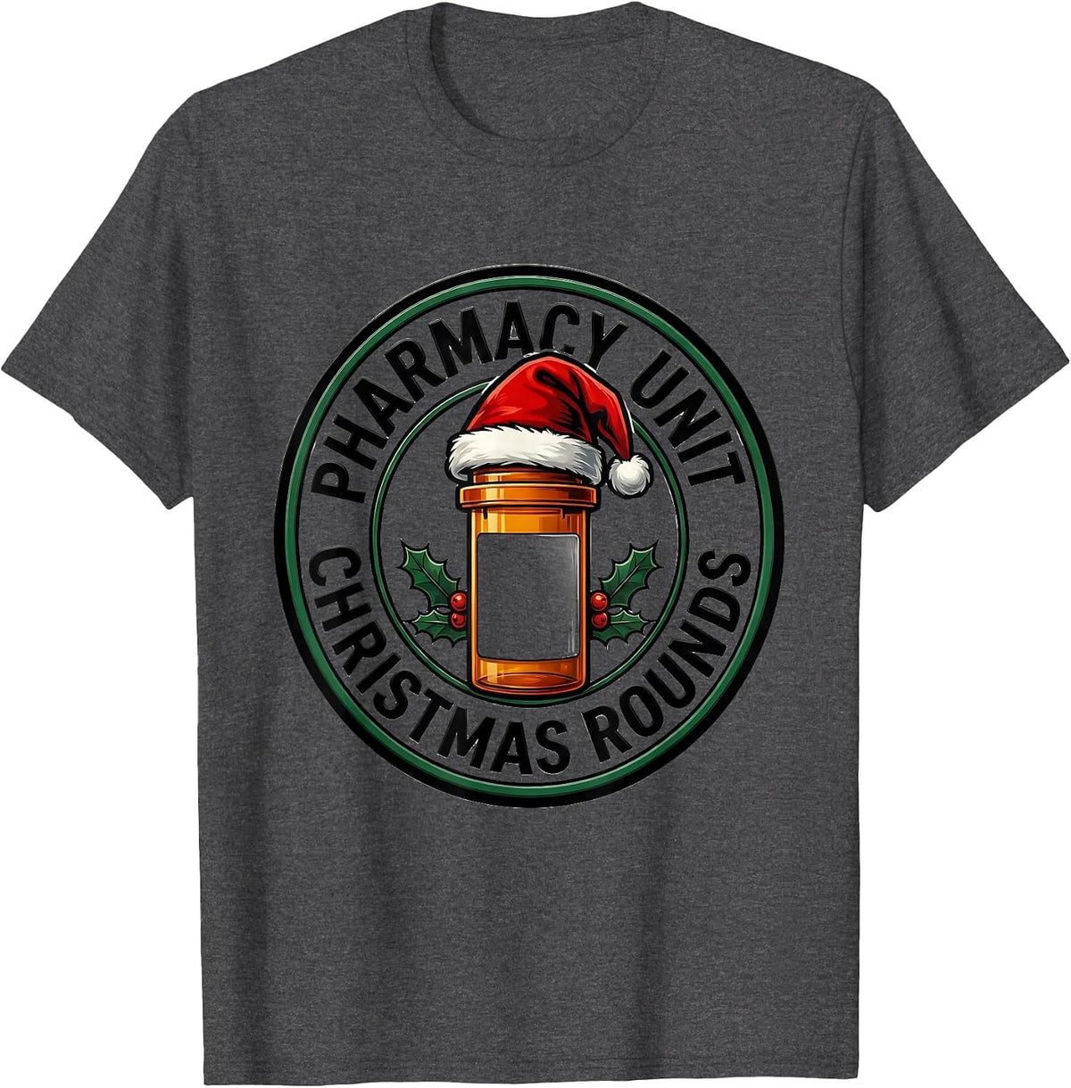 Men's Pharmacy Unit Christmas Rounds Funny Pharmacist Tech T-Shirt - Dark Heather Grey