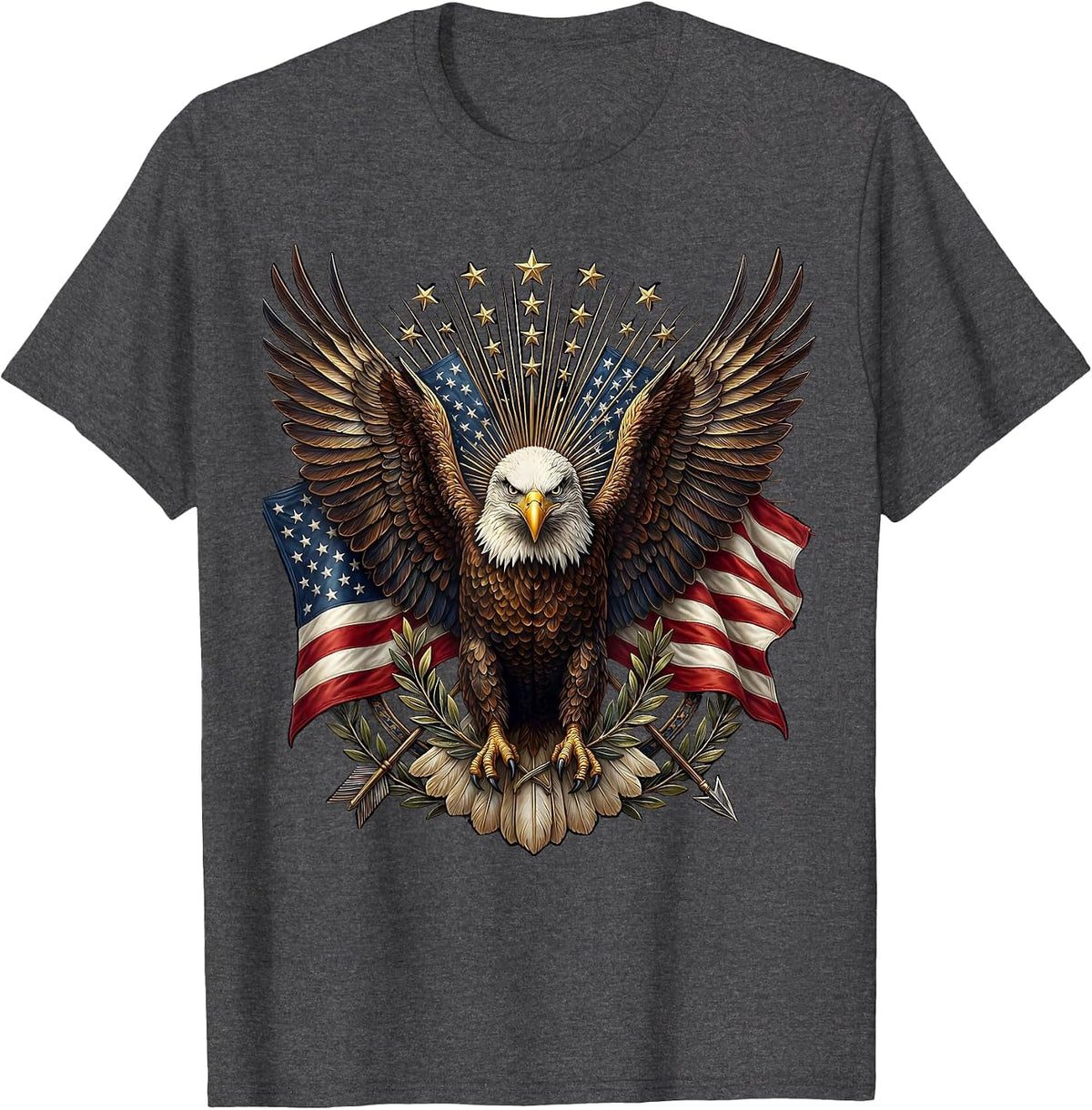 Bald Eagle Spread Wings Over American Flag T-Shirt - Dark Heather Grey