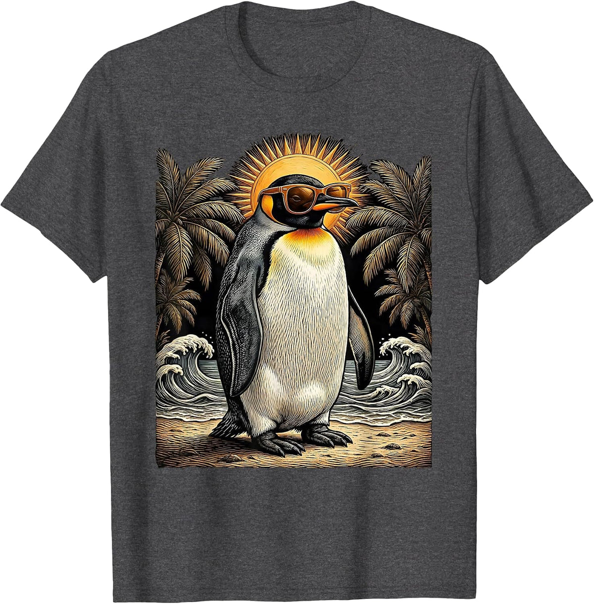 Cool Penguin Tropical Beach Sunglasses Design T-Shirt - Dark Heather Grey