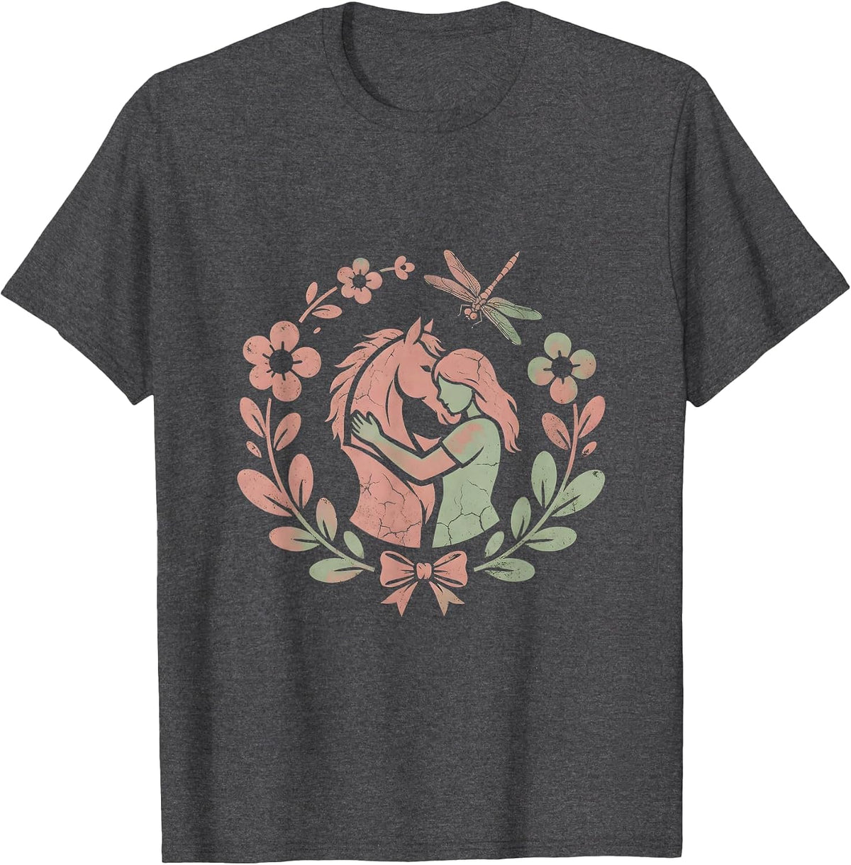 Girl and Horse Stable Embrace Illustration T-Shirt - Dark Heather Grey
