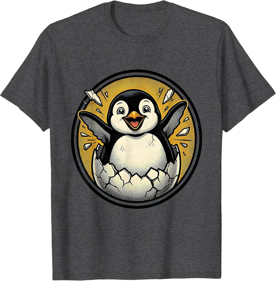 Men's Baby Penguin Hatching From Egg Cute Graphic T-Shirt - Dark Heather Grey