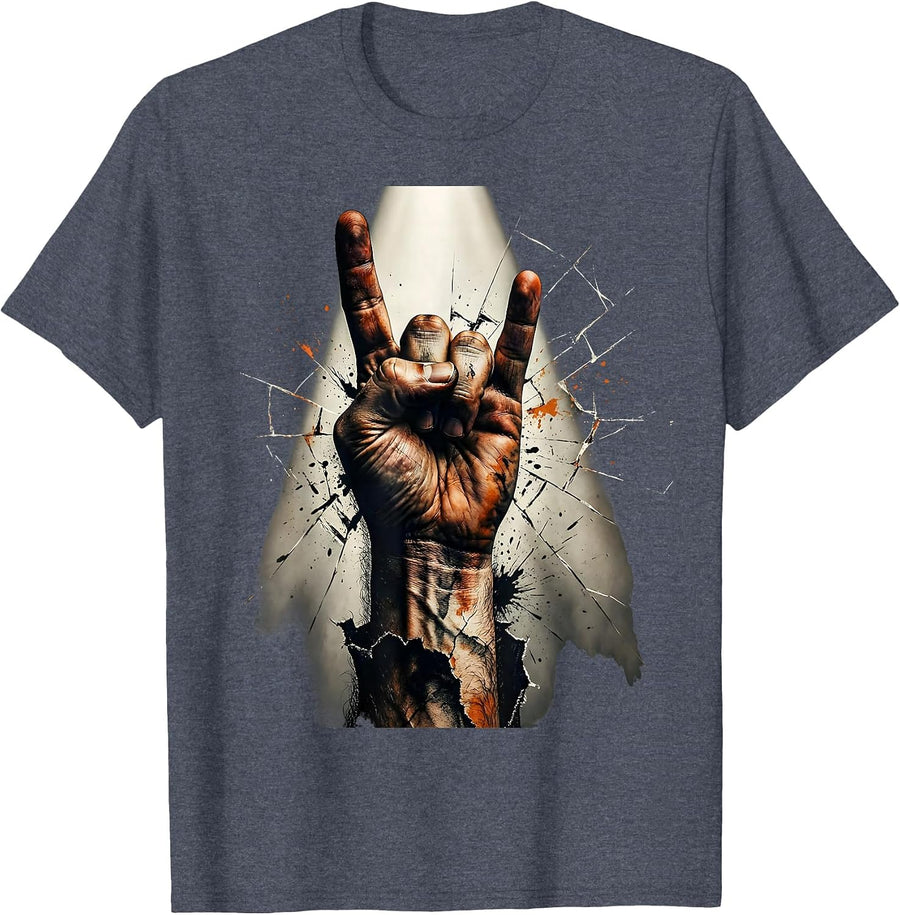 Rock Devil Horns Hand Spotlight Graphic T-Shirt - Heather Blue