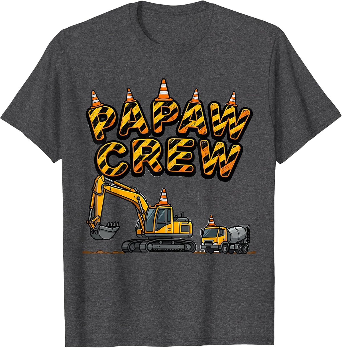 Men's PAPAW CREW Bold Arched Excavator Construction Humor T-Shirt - Dark Heather Grey