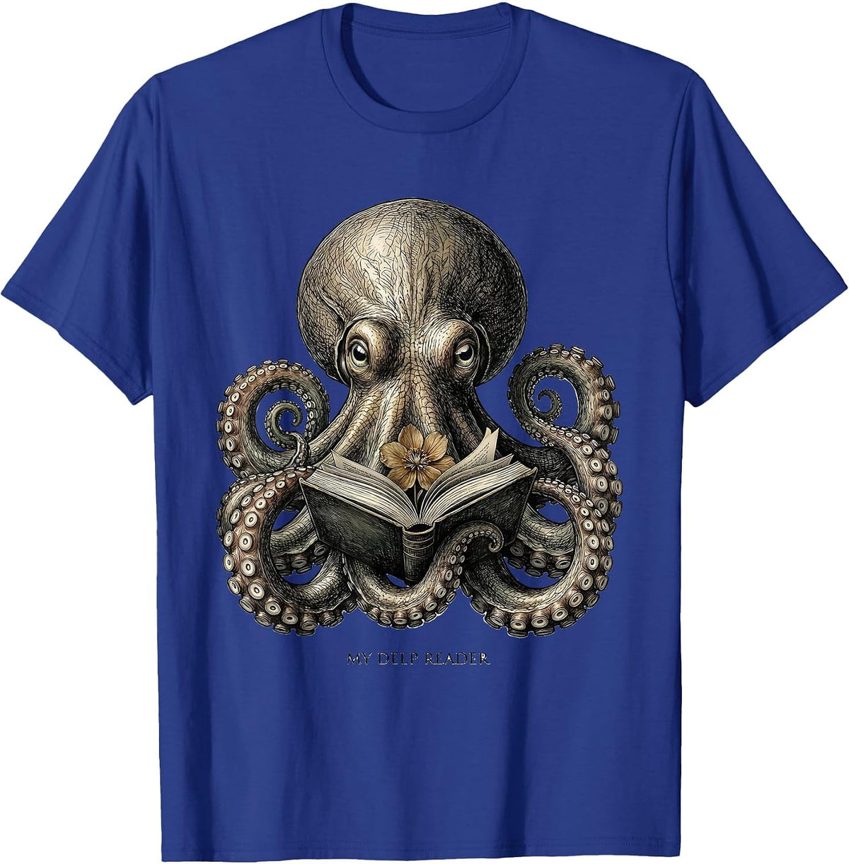 Men's My Deep Reader Botanical Octopus Book Lover Reader Art T-Shirt - Royal Blue