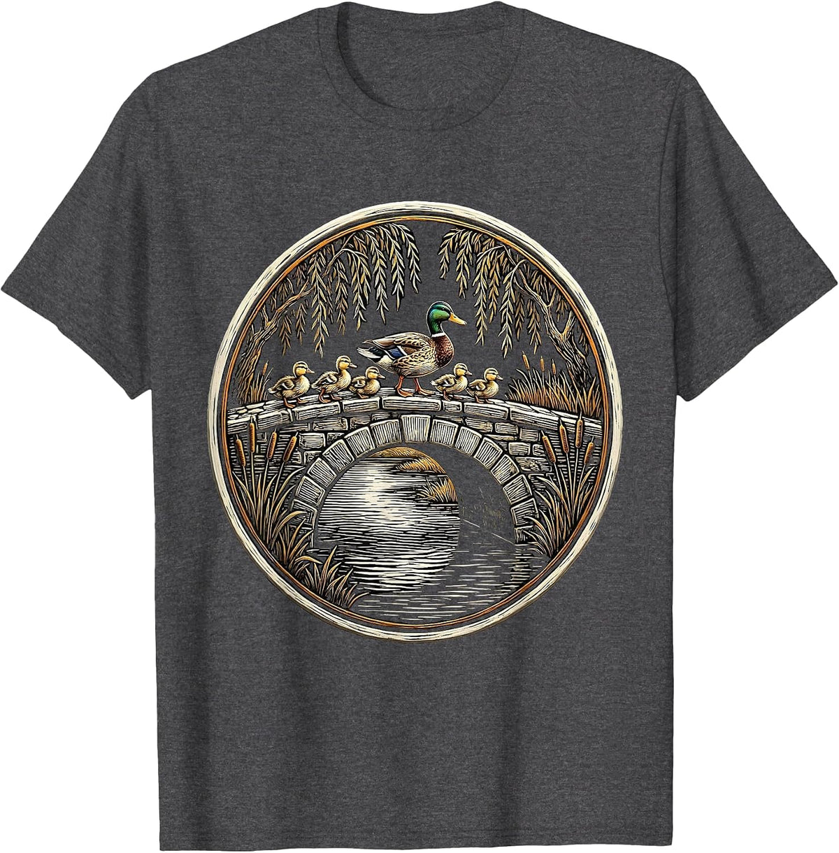 Duck Family Crossing Cobblestone Park Bridge T-Shirt - Dark Heather Grey
