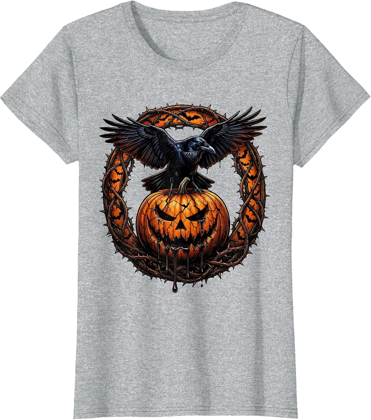 Crow on Cracked Pumpkin Halloween Graphic T-Shirt - Heather Grey