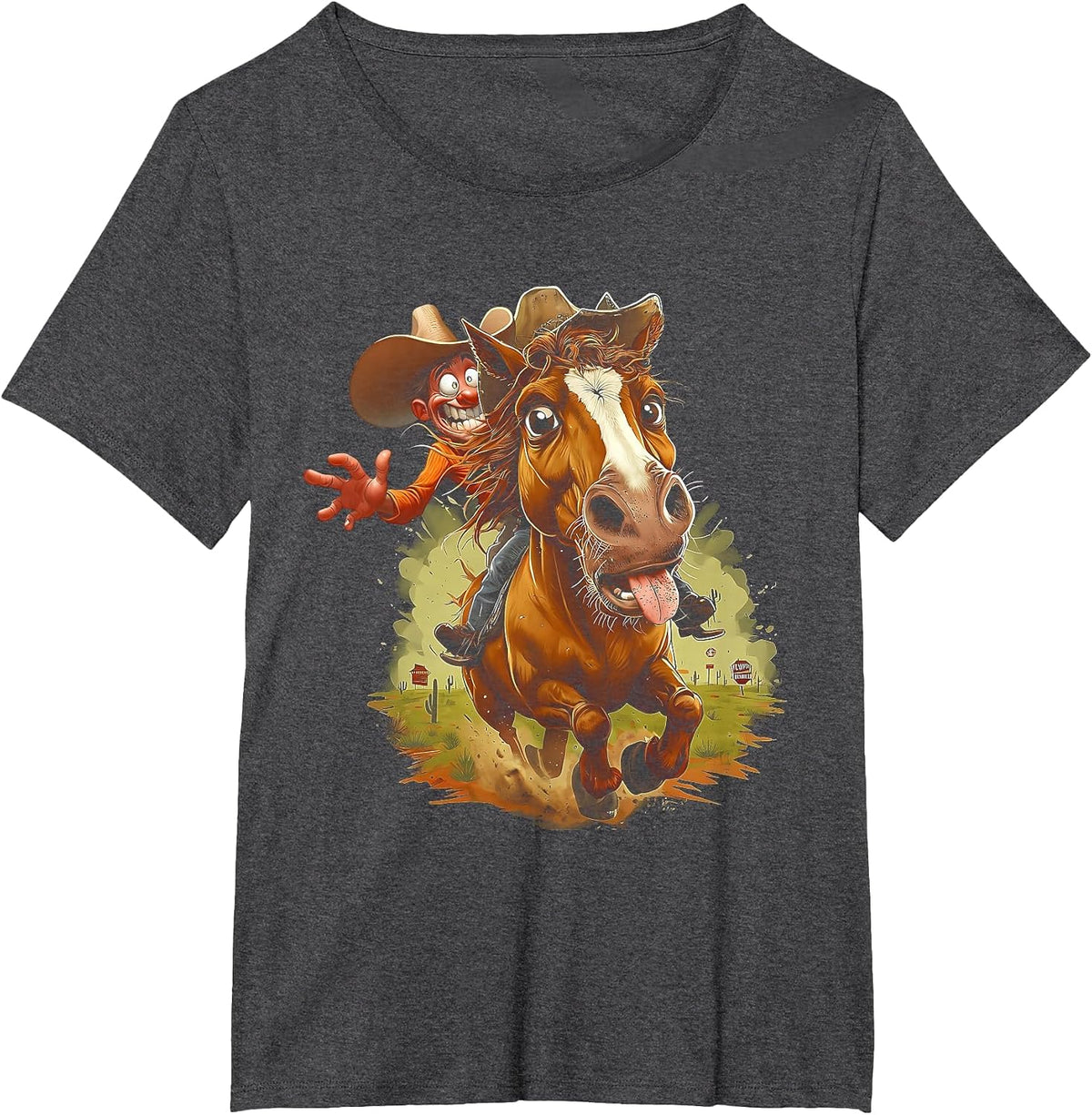 Comic Cartoon Style Western Cowboy Riding Horse Tongue Out T-Shirt - Dark Heather Grey